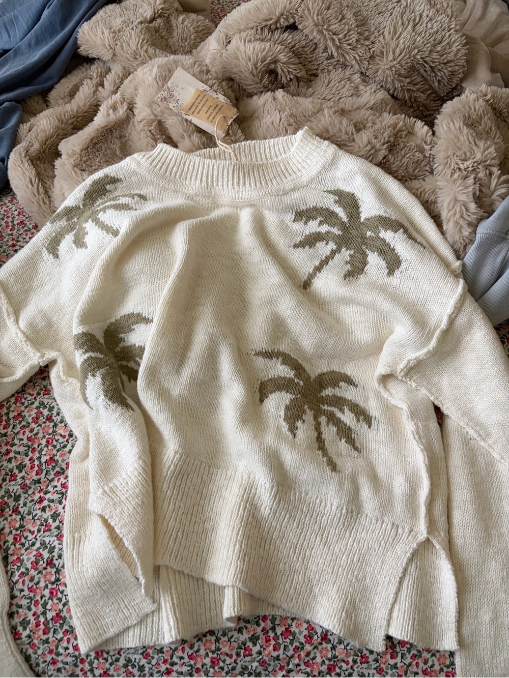 Hem & Thread Cream Sweater with Olive Palm Motif